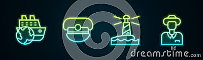 Set line Cruise ship, Captain hat, Lighthouse and Tourist. Glowing neon icon. Vector Vector Illustration