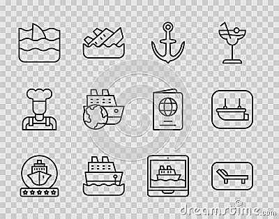 Set line Cruise ship, Sunbed and umbrella, Anchor, Shark fin in ocean wave, and Lifeboat icon. Vector Vector Illustration