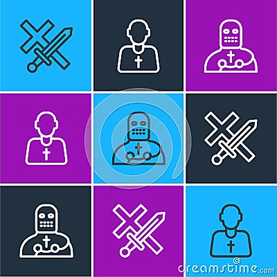 Set line Crusade, Knight crusader and Priest icon. Vector Vector Illustration