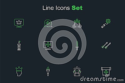 Set line Crusade, Medieval throne, Torch flame, King crown, arrows, sword, and Castle tower icon. Vector Vector Illustration