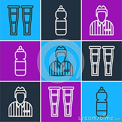 Set line Crutch or crutches, Hockey judge, referee, arbiter and Fitness shaker icon. Vector Vector Illustration