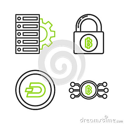 Set line Cryptocurrency bitcoin in circle with microchip circuit, Dash, Lock and Server and gear icon. Vector Vector Illustration