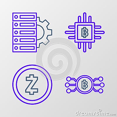 Set line Cryptocurrency bitcoin in circle with microchip circuit, Zcash ZEC, CPU mining farm and Server and gear icon Stock Photo