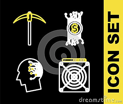 Set line Cryptocurrency bitcoin in circuit, ASIC Miner, Bitcoin think and Pickaxe icon. Vector Vector Illustration