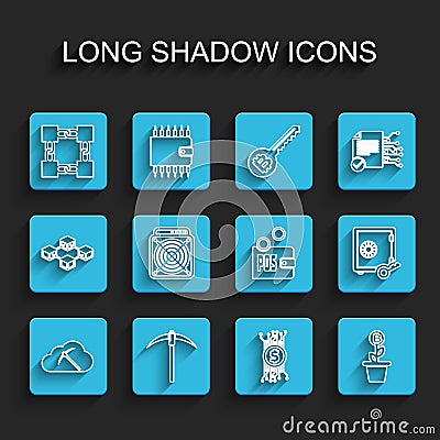 Set line Cryptocurrency cloud mining, Pickaxe, Blockchain technology, bitcoin circuit, Bitcoin plant the pot, ASIC Miner Vector Illustration
