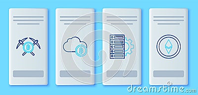 Set line Cryptocurrency cloud mining, Server and gear, Crossed pickaxe and coin Ethereum ETH icon. Vector Vector Illustration