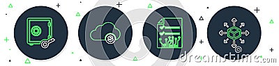 Set line Cryptocurrency cloud mining, Smart contract, Proof of stake and Distribution icon. Vector Stock Photo
