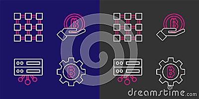 Set line Cryptocurrency coin Bitcoin, Server, Hand holding and Blockchain technology icon. Vector Stock Photo