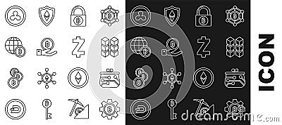 Set line Cryptocurrency coin Bitcoin, wallet, Blockchain technology, Lock with bitcoin, Hand holding, Globe Vector Illustration