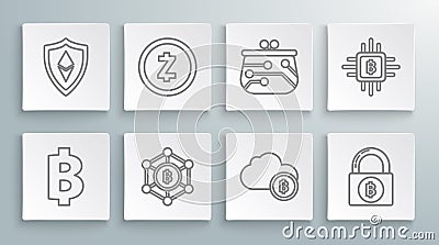 Set line Cryptocurrency coin Bitcoin, Zcash ZEC, Blockchain technology, cloud mining, Lock with bitcoin, wallet, CPU Vector Illustration