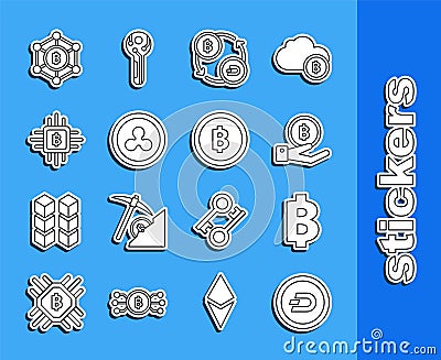 Set line Cryptocurrency coin Dash, Bitcoin, Hand holding, exchange, Ripple XRP, CPU mining farm, Blockchain technology Vector Illustration