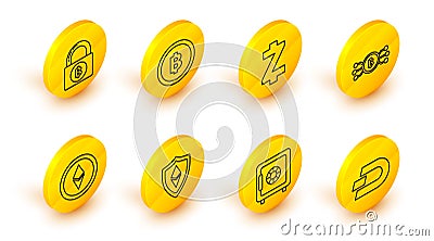 Set line Cryptocurrency coin Dash, Safe, Shield Ethereum ETH, bitcoin circle with microchip circuit, Zcash ZEC, Bitcoin Vector Illustration
