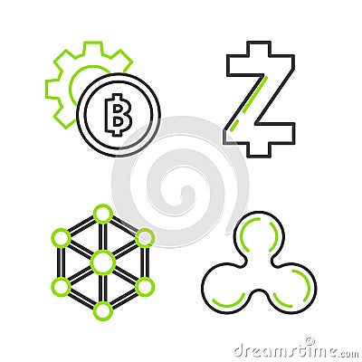 Set line Cryptocurrency coin Ripple XRP, Blockchain technology, Zcash ZEC and Bitcoin icon. Vector Editorial Stock Photo