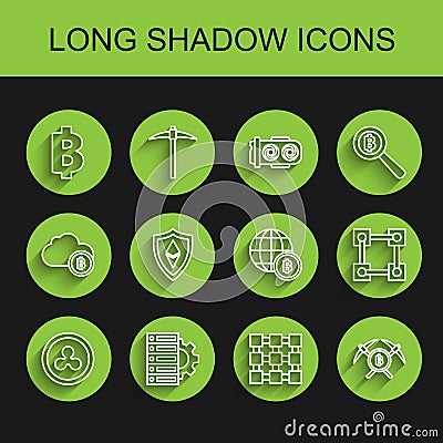 Set line Cryptocurrency coin Ripple XRP, Server and gear, Bitcoin, Blockchain technology, Crossed pickaxe, Shield Editorial Stock Photo