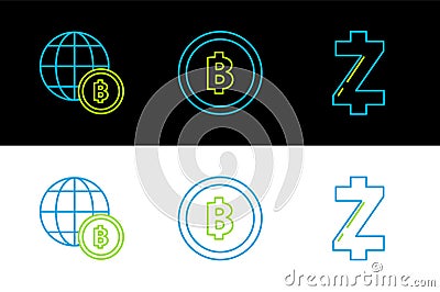 Set line Cryptocurrency coin Zcash ZEC, Globe and cryptocurrency Bitcoin and icon. Vector Stock Photo