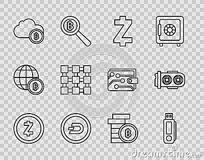 Set line Cryptocurrency coin Zcash ZEC, USB flash drive, Dash, cloud mining, Blockchain technology, Bitcoin and Mining Vector Illustration