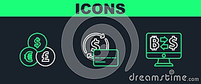 Set line Cryptocurrency exchange, Currency and Credit card icon. Vector Vector Illustration