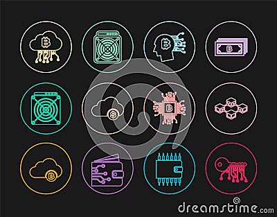 Set line Cryptocurrency key, Blockchain technology, Bitcoin think, cloud mining, ASIC Miner, CPU farm and icon. Vector Stock Photo