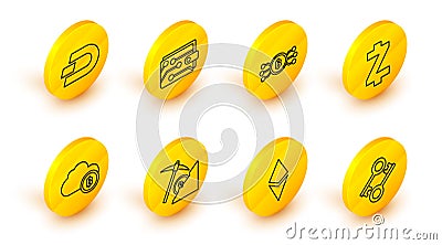 Set line Cryptocurrency key, coin Ethereum ETH, cloud mining, Zcash ZEC, bitcoin circle with microchip circuit, wallet Editorial Stock Photo