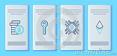 Set line Cryptocurrency key, CPU mining farm, coin Bitcoin and Ethereum ETH icon. Vector Stock Photo