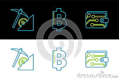 Set line Cryptocurrency wallet, cloud mining and coin Bitcoin icon. Vector Vector Illustration