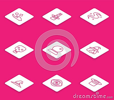 Set line Cube levitating above hand, Magician hat rabbit, fog or smoke, Skull, ball, Witch, and Hypnosis icon. Vector Stock Photo