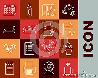 Set line Cup of tea and leaf, Flowers in pot, Document check mark, Office folders with papers documents, stapler, Coffee Stock Photo