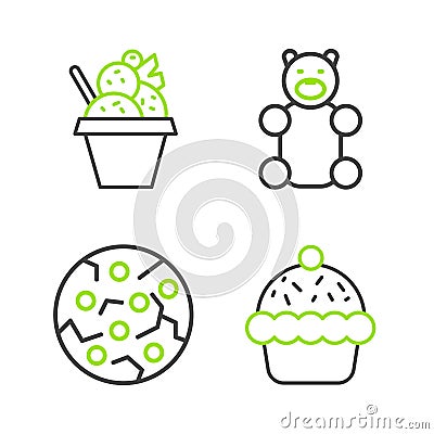 Set line Cupcake, Cookie or biscuit, Jelly bear candy and Ice cream in bowl icon. Vector Stock Photo