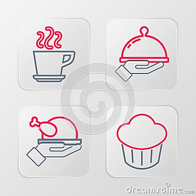 Set line Cupcake, Roasted turkey or chicken, Covered with tray of food and Coffee cup icon. Vector Vector Illustration