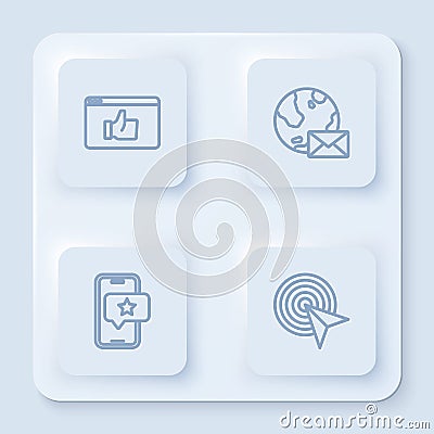 Set line Customer product rating, Earth globe with mail, Mobile review and Target. White square button. Vector Vector Illustration