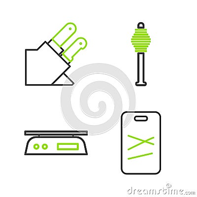 Set line Cutting board, Electronic scales, Honey dipper stick and Knife icon. Vector Stock Photo