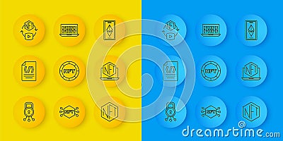 Set line Cyber security, Binary code, NFT Digital crypto art, Laptop with store app, Ethereum ETH and icon. Vector Vector Illustration