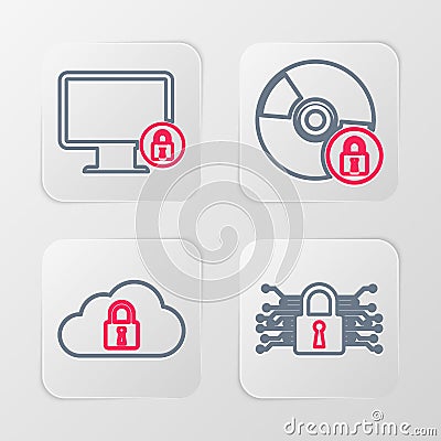 Set line Cyber security, Cloud computing lock, CD or DVD disk with and Lock on monitor icon. Vector Vector Illustration