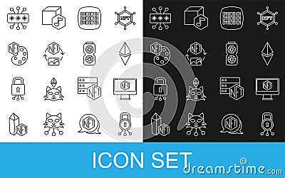 Set line Cyber security, Monitor with art store app, Ethereum ETH, Binary code, NFT Digital crypto, and Video graphic Editorial Stock Photo