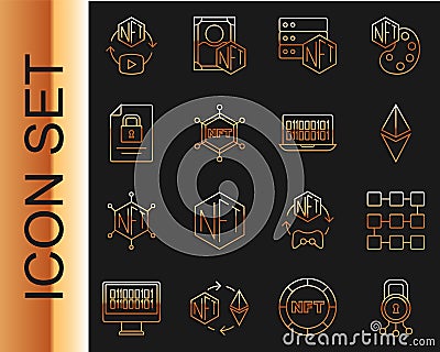 Set line Cyber security, NFT blockchain technology, Ethereum ETH, Document and, Digital crypto art and Binary code icon Vector Illustration