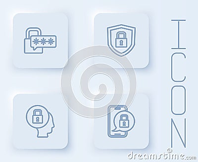 Set line Cyber security, Shield with lock, Lock and Mobile closed padlock. White square button. Vector Vector Illustration