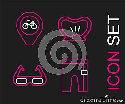 Set line Cycling shorts, Sport cycling sunglasses, Bicycle punctured tire and Location with bicycle icon. Vector Stock Photo