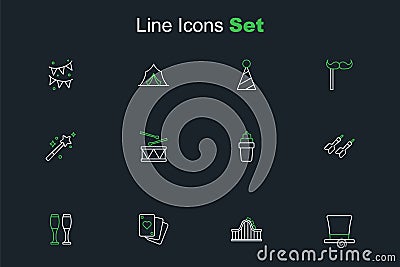 Set line Cylinder hat, Roller coaster, Playing cards, Bowling pin, Dart arrow, Ice cream waffle, Drum with drum sticks Vector Illustration