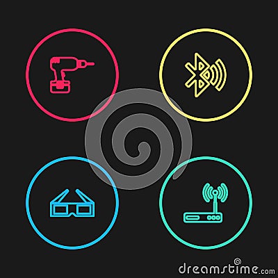 Set line 3D cinema glasses, Router and wi-fi, Bluetooth connected and Drill machine icon. Vector Vector Illustration