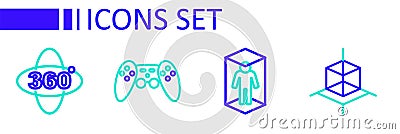 Set line 3d modeling, Gamepad and 360 degree view icon. Vector Vector Illustration