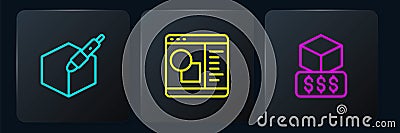 Set line 3d pen tool, 3D printer services and software. Black square button. Vector Vector Illustration