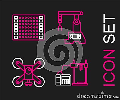 Set line 3D printer, Drone flying with action camera, Assembly line and Printed circuit board PCB icon. Vector Vector Illustration