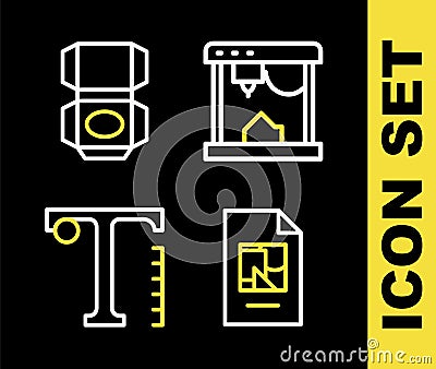 Set line 3D printer, File document, Text and Carton cardboard box icon. Vector Stock Photo