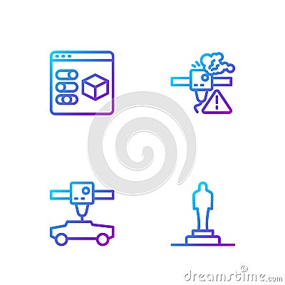 Set line 3D printer model, car, and warning. Gradient color icons. Vector Stock Photo