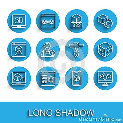 Set line 3D printer, software, Graphic designer, Isometric cube and tooth icon. Vector Vector Illustration