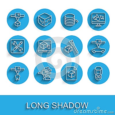 Set line 3D printer tooth, warning, cube, Isometric file, car and icon. Vector Vector Illustration