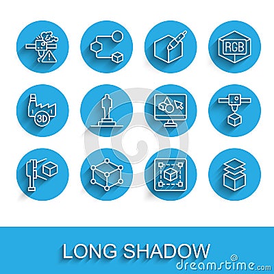 Set line 3D scanner with cube, Isometric, printer warning, Geometric figure Cube, Layers, model, and software icon Stock Photo