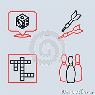 Set line Dart arrow, Crossword, Bowling pin and Game dice icon. Vector Vector Illustration