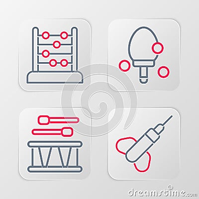 Set line Dart arrow, Drum with drum sticks, Racket and Abacus icon. Vector Stock Photo