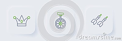 Set line Dart arrow, Unicycle and Jester hat with bells icon. Vector Vector Illustration